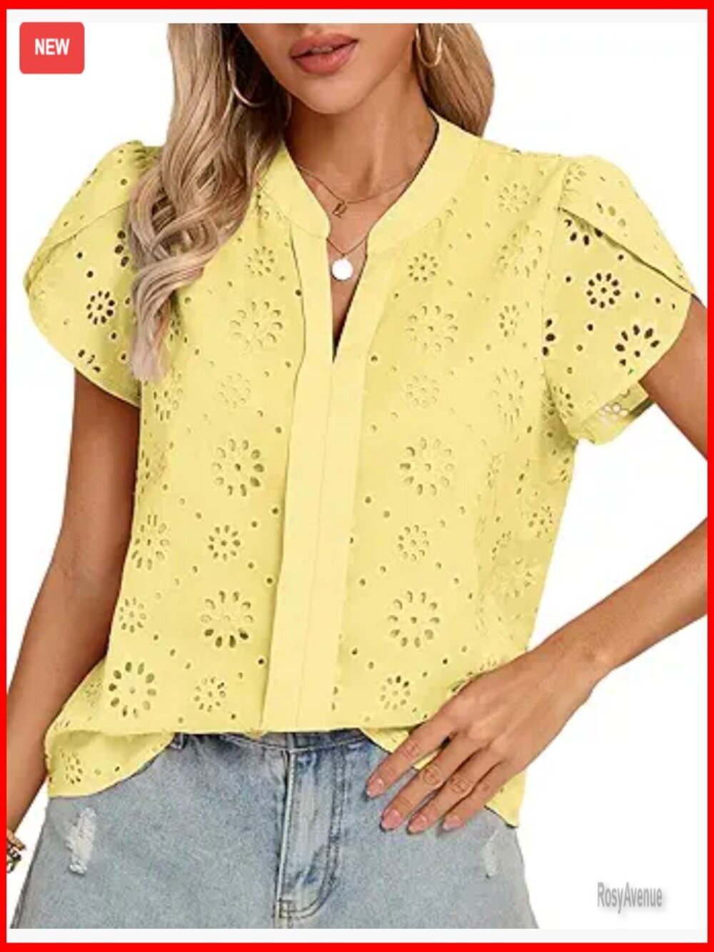 Eyelet Petal Sleeve V-Neck Blouse, Dressy Casual Short Sleeve Top